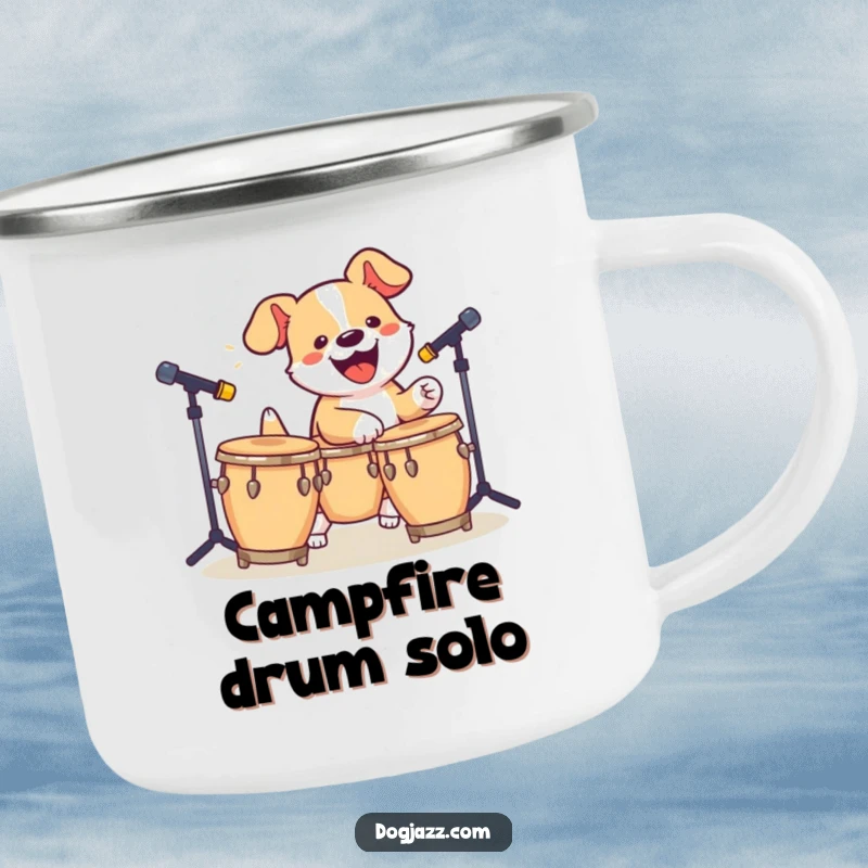 Funny Dog Bongo Camping Mug: A rugged mug featuring an energetic dog playing bongos, perfect for outdoor enthusiasts.