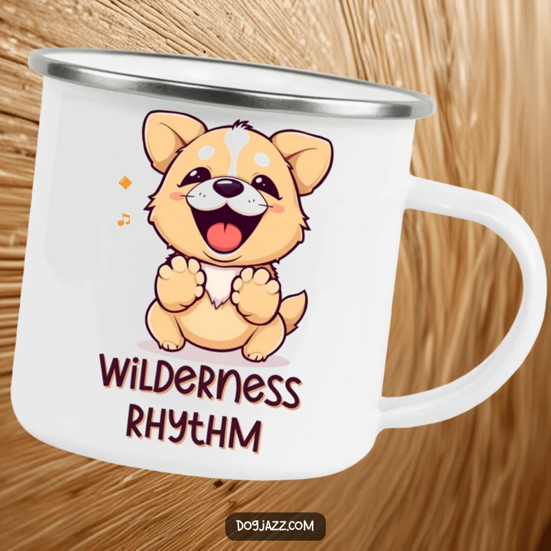 Funny dog barking a rhythm with its paws, a durable and humorous camping mug.