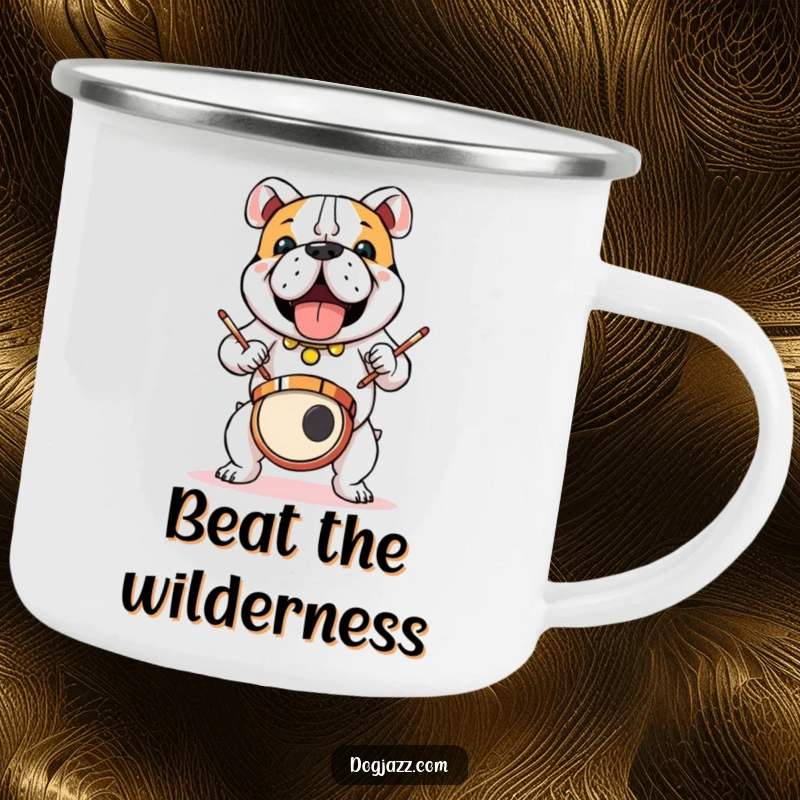 Funny bulldog drummer on a rugged camping mug, ready for adventure, a cool funny gift.
