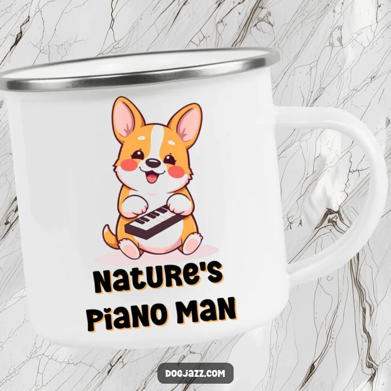 Funny corgi camping mug featuring an energetic dog playing piano keys with its paws, perfect for outdoor enjoyment.