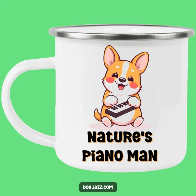Funny Corgi Piano Camping Mug - Energetic Dog for Outdoor Melodies
