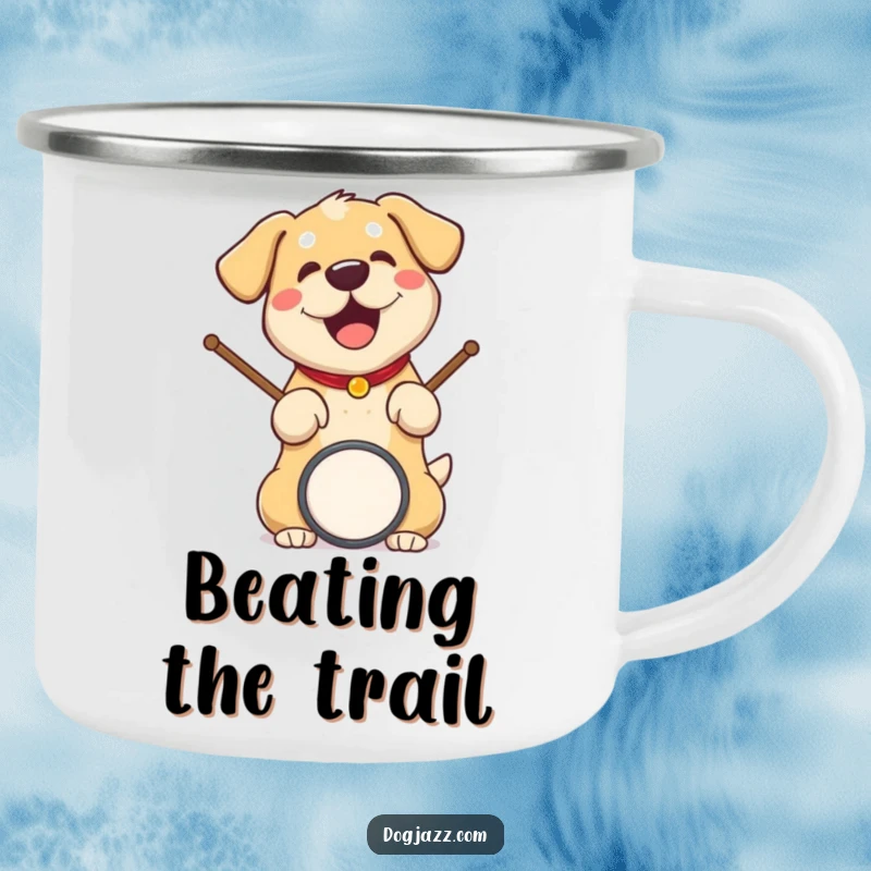 Funny dog camping mug showing a dog with drumsticks, ready to play music on any adventure.