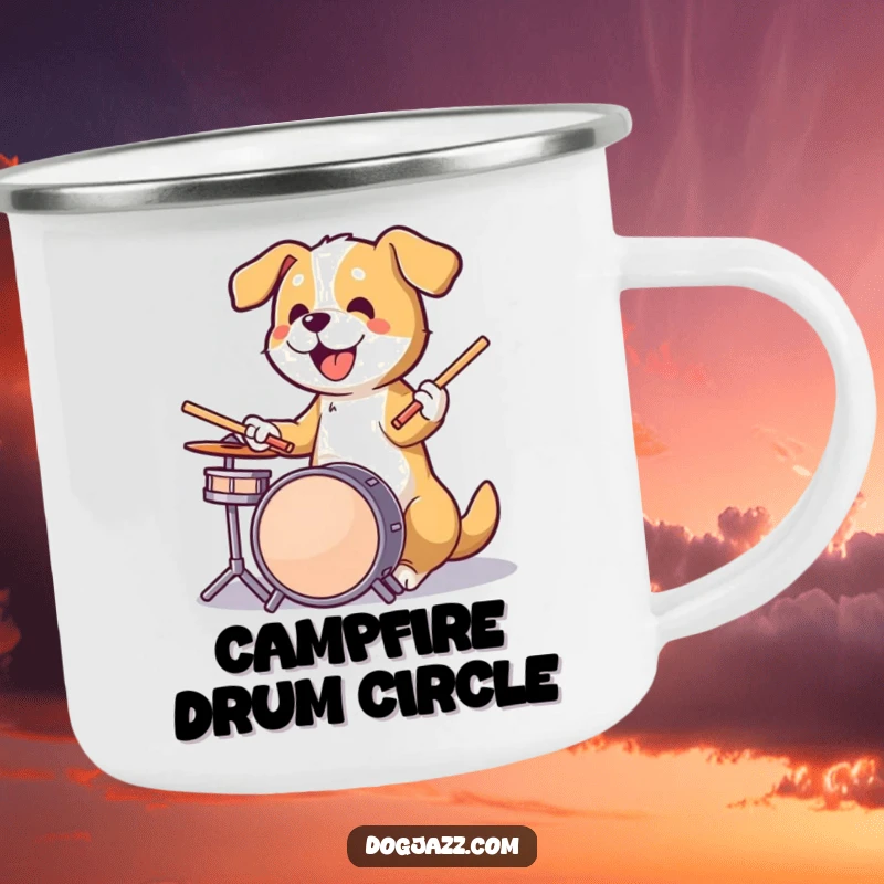 Funny dog energetically playing drums with sticks in paws, ready for adventure on a durable camping mug.
