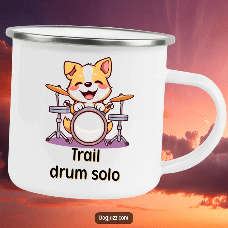Funny dog camping mug with a happy dog joyfully pounding on a drum kit, perfect for musical adventurers.