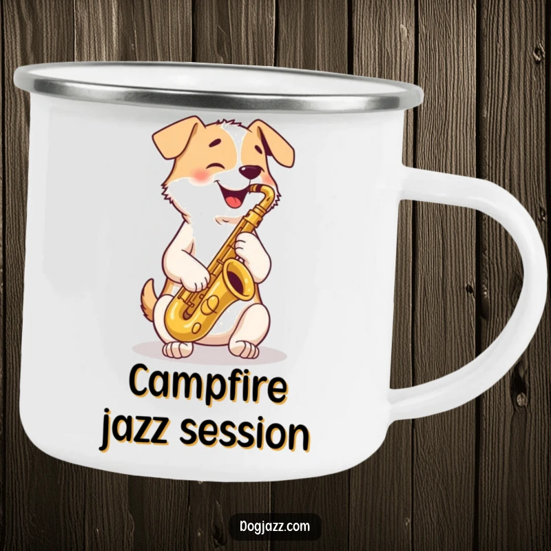 Funny Camping Mug: a happy dog playing a saxophone, perfect for outdoor jams and morning brews.