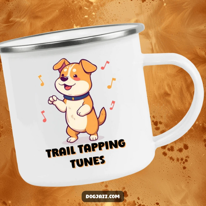 Funny Camping Mug featuring a dog joyfully tapping its paws to a lively beat, perfect for outdoor enthusiasts who love music and dogs.