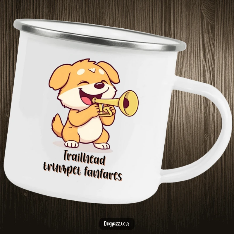Funny dog camping mug with an energetic dog playing a trumpet, perfect for outdoor drinks with a musical twist.