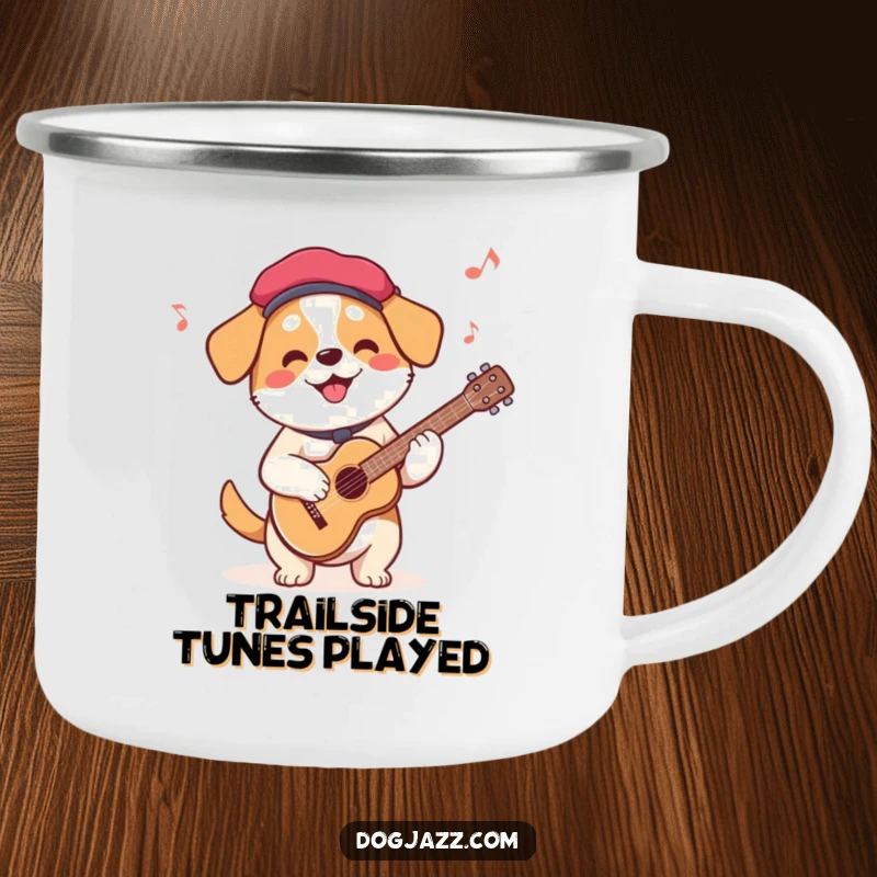 Funny French Dog Guitar Camping Mug with a beret-wearing dog playing guitar, perfect for outdoor music and drinks.
