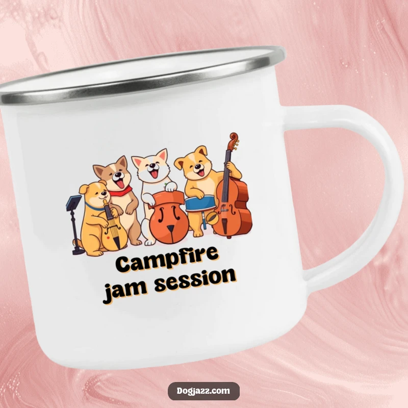 Funny jazz dog band on a camping mug, durable and humorous outdoor drinkware.
