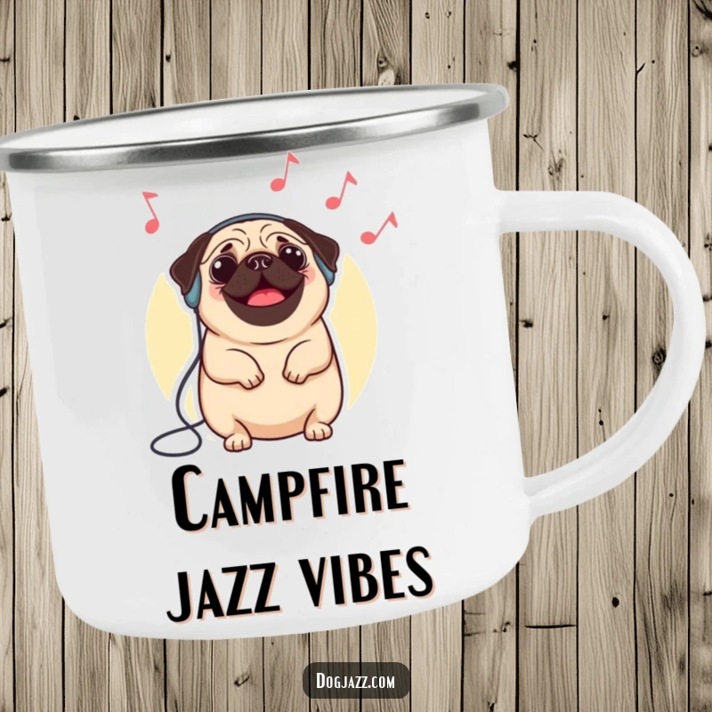 Funny pug camping mug showing a happy pug wearing headphones and nodding to imaginary jazz, perfect for outdoor music fans.