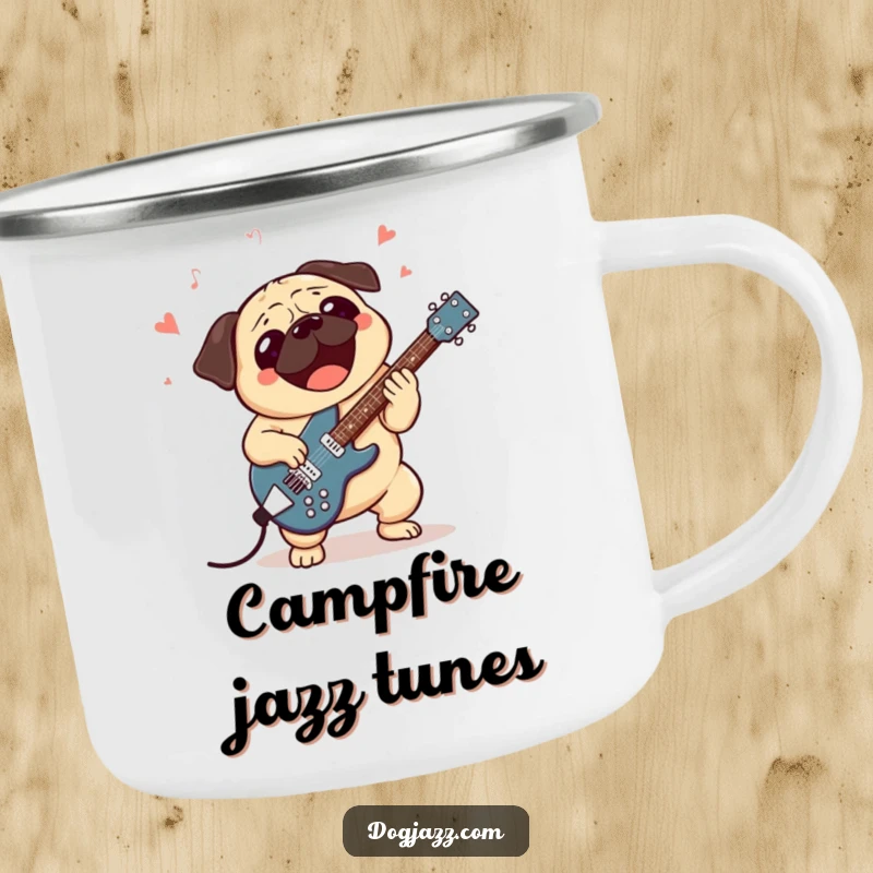 Funny camping mug showing an excited pug character energetically playing a jazz guitar, perfect for outdoor jam sessions.