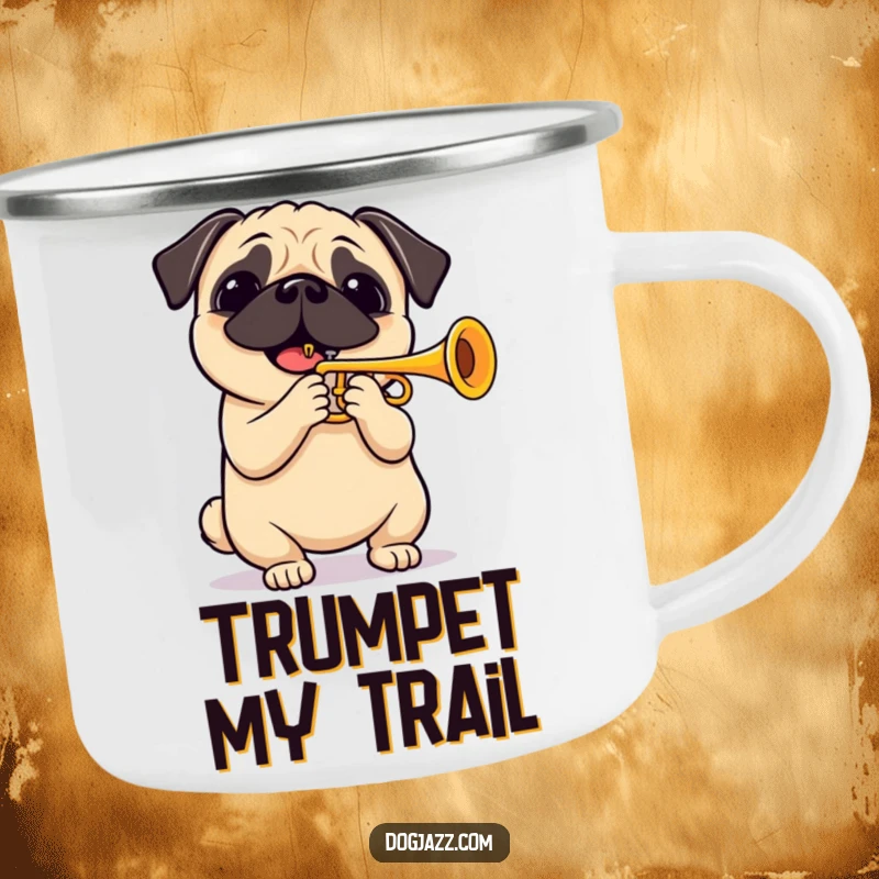 Funny pug playing a cheerful trumpet solo, a rugged camping mug for hot or cold beverages. Ideal for outdoor music lovers.