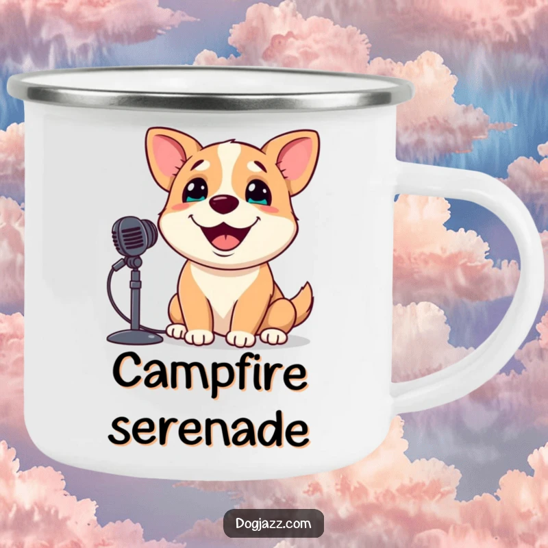 Funny Dog Camping Mug: A joyful dog sings into a microphone under the stars, perfect for outdoor music lovers.
