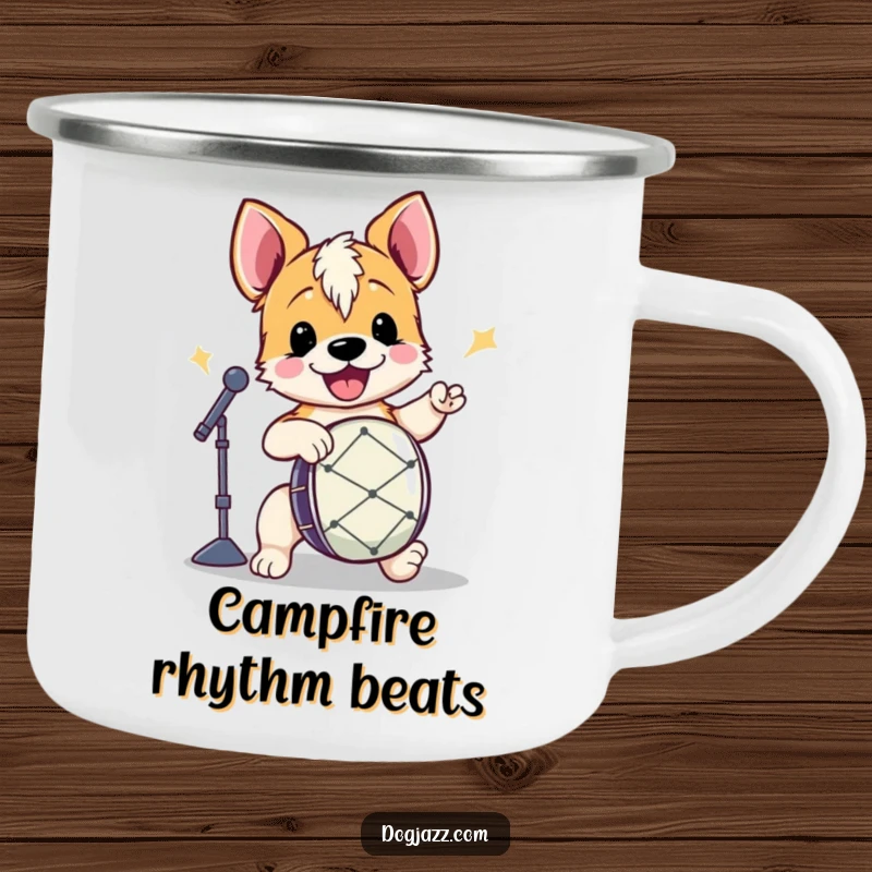 Funny Terrier Drummer Camping Mug featuring an energetic terrier playing drums, perfect for outdoor concerts and coffee.