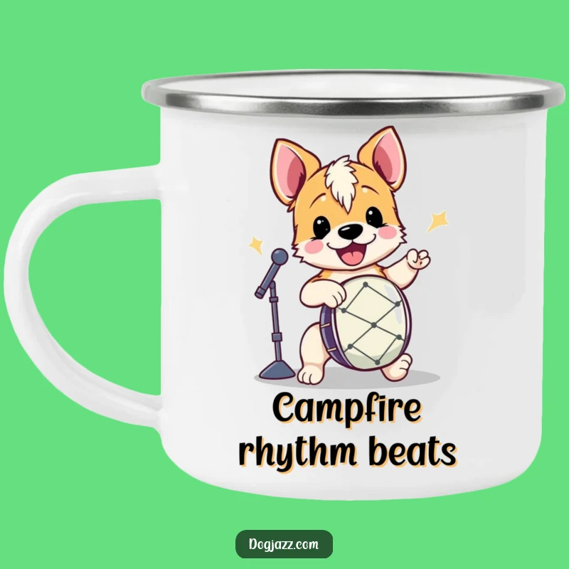 Funny Terrier Drummer Camping Mug: Energetic Dog Beat, Music Fest Essential