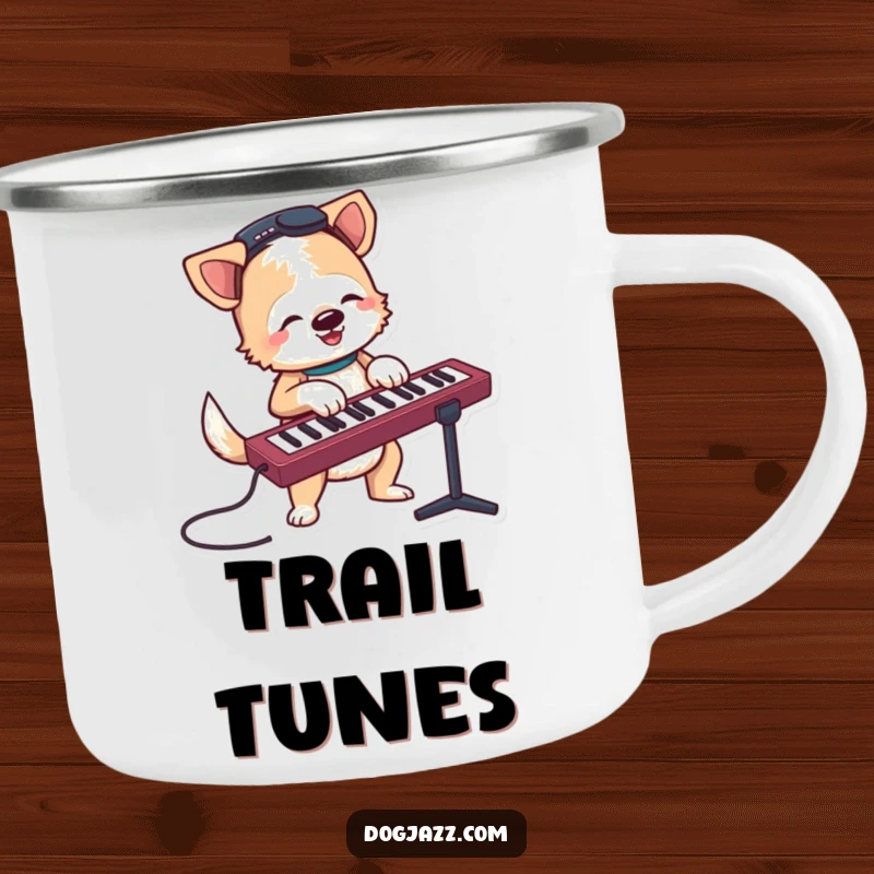 Funny terrier character jamming on a keyboard with a wagging tail, a durable and humorous camping mug.