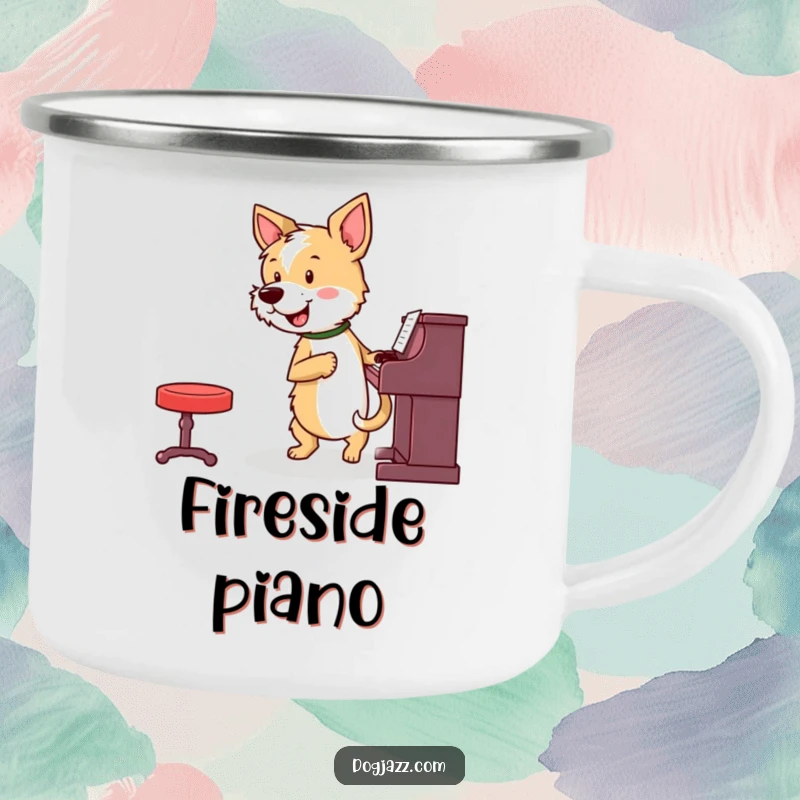 Funny terrier playing piano in a camping scene, on a durable mug, a perfect funny gift.