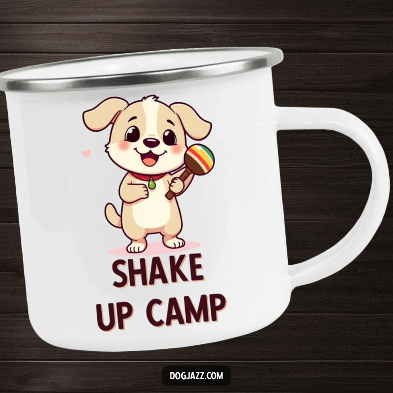 Funny dog character dancing joyfully with maracas, a rugged camping mug for outdoor adventures. Perfect for party lovers.