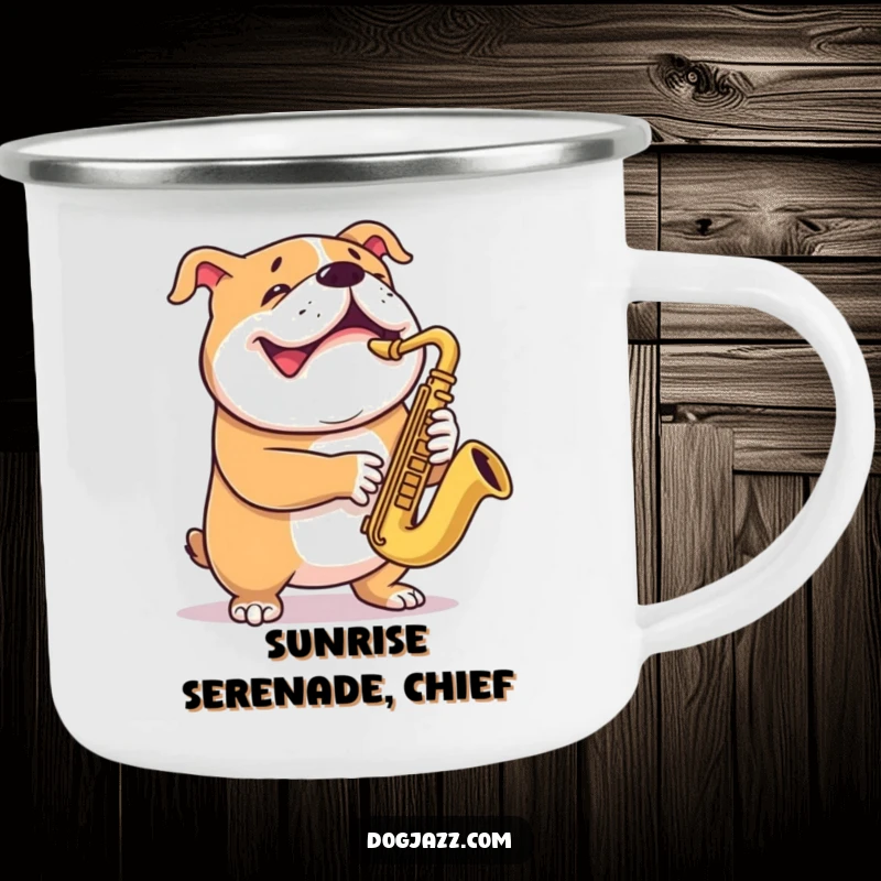 Funny bulldog camping mug featuring a grinning dog playing the saxophone, perfect for outdoor enthusiasts.