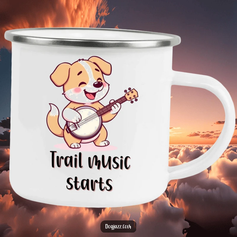 Funny camping mug with a happy cartoon dog playing the banjo, tail wagging, for outdoor enjoyment.