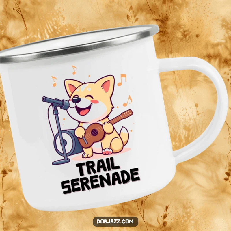 Funny Camping Mug featuring a dog joyfully singing along to a jazzy tune, designed for outdoor enthusiasts who love music and fun.