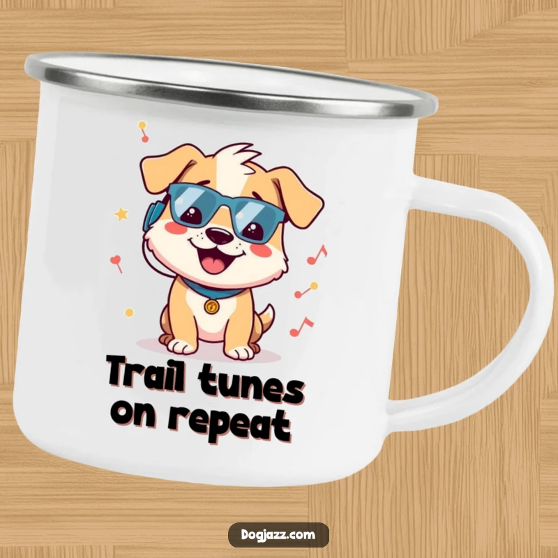 Funny dog camping mug showing a cheerful dog character bopping its head to a groovy beat around a campfire, perfect for outdoor music lovers.