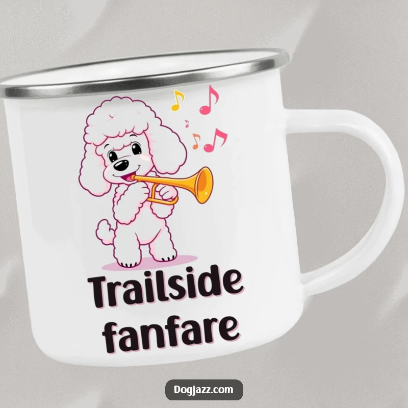 Funny poodle playing a trumpet in a camping setting, on a durable mug, a perfect funny gift.
