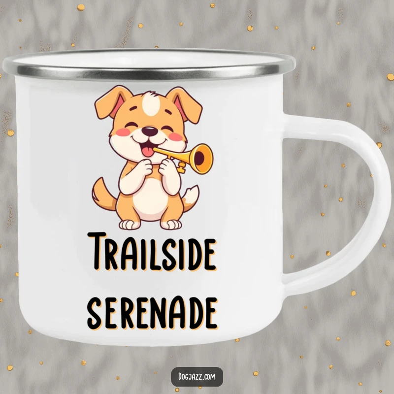 Funny camping mug with a happy dog playing a trumpet and wagging its tail, ideal for outdoor enthusiasts who love music.