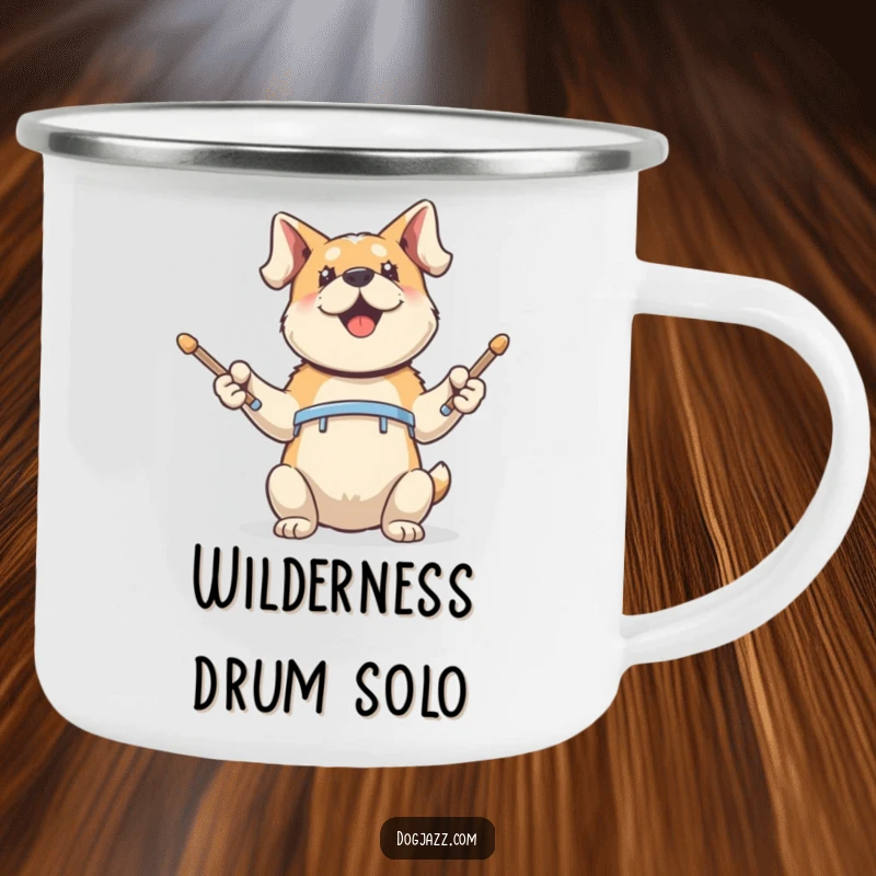 Funny Camping Mug: an energetic dog tapping drumsticks, perfect for outdoor jams and morning brews.