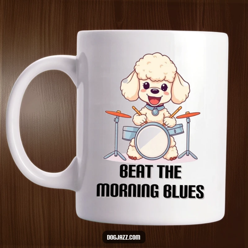 Funny poodle mug showcasing a joyful dog energetically playing a tiny drum set with expert skill.