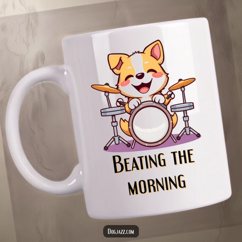 Funny dog mug featuring a happy dog joyfully pounding on a drum kit with its paws, expressing musical enthusiasm.