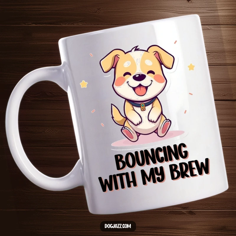Funny mug shows a cheerful cartoon dog happily bouncing while playing the triangle with enthusiasm.