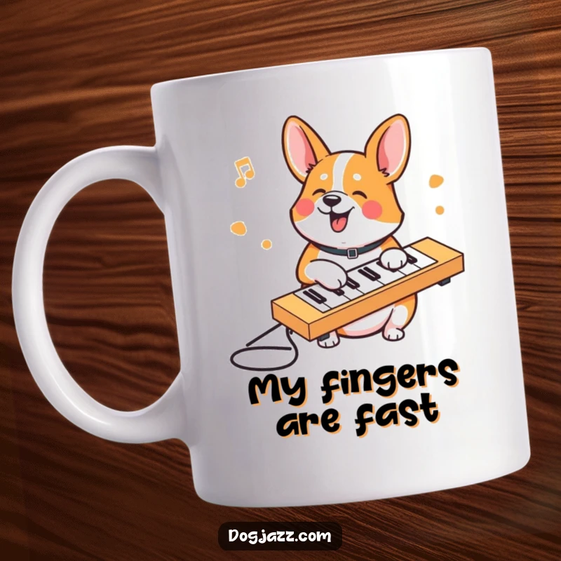 Funny Corgi mug featuring a happy corgi enthusiastically typing on a keyboard, a comical representation of a coding companion.