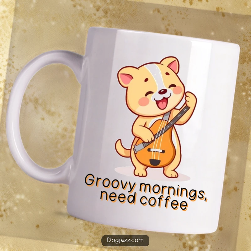 Funny Dog Bass Player Mug, a happy dog enthusiastically plays a bass guitar, creating a joyful music gift.