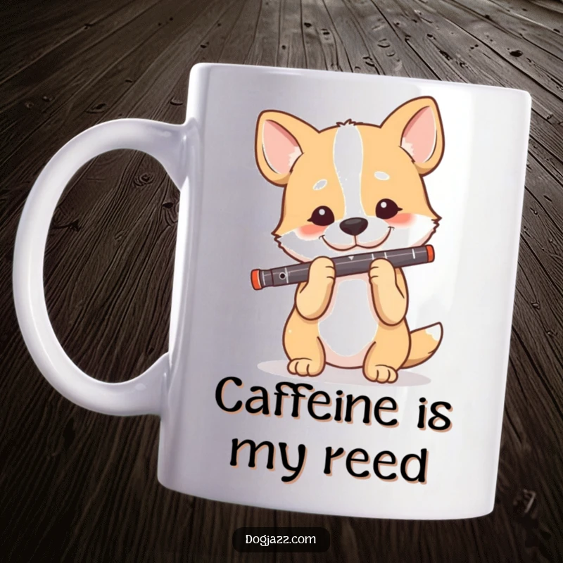 Funny Dog Clarinet Player Mug, a happy dog intently plays a clarinet with a focused, joyful expression, a unique music gift.