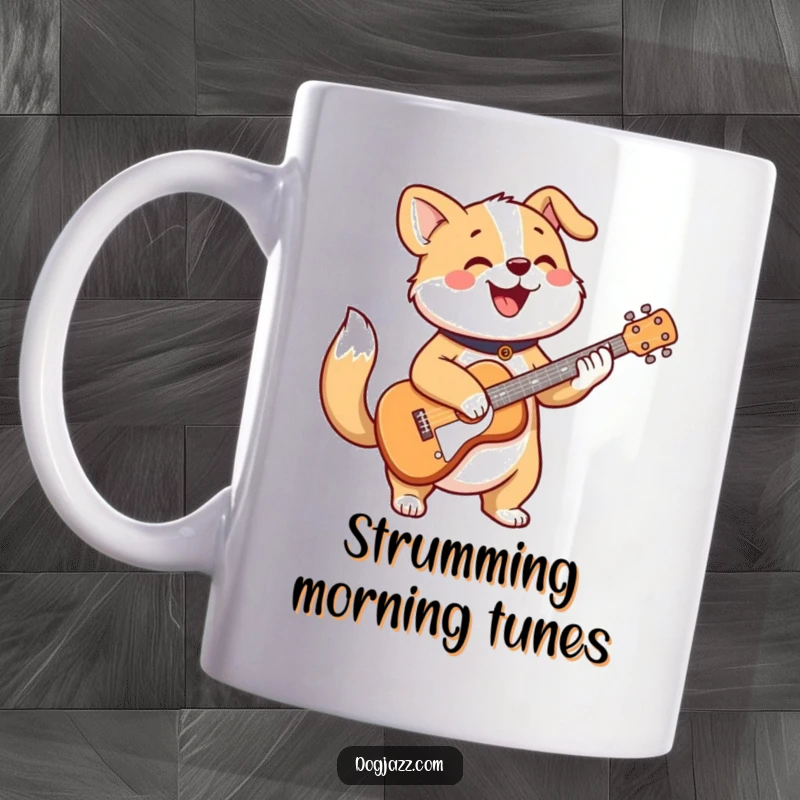 Funny mug with a cheerful dog character strumming a guitar with a happily wagging tail.
