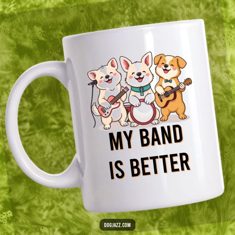 Funny Dog Jam Session Mug, a group of cheerful dogs play various instruments together with happy expressions, a band gift.