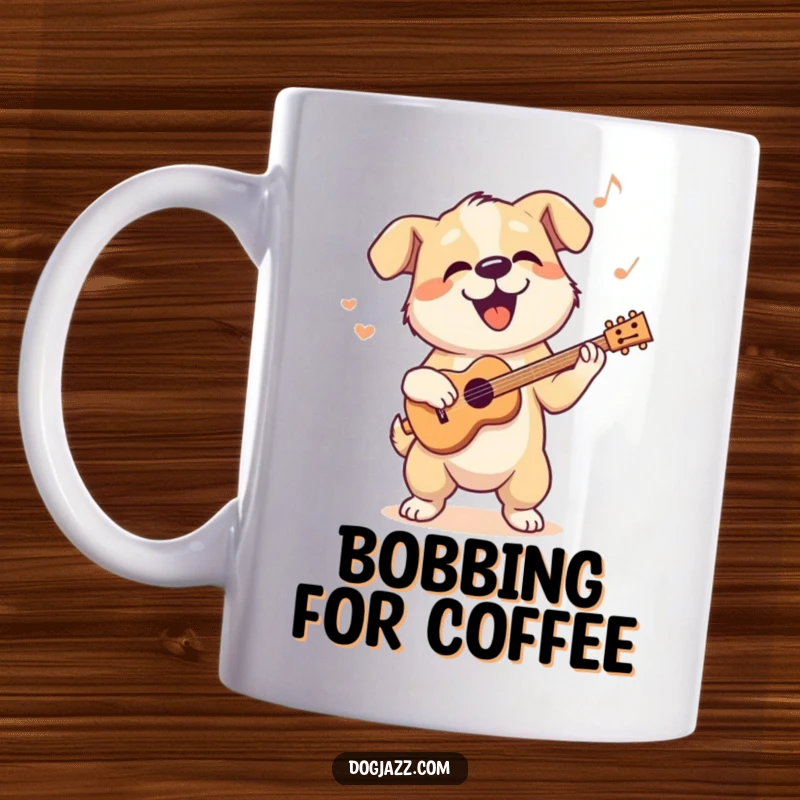 Funny mug with a dog character bopping its head to a cool jazz rhythm, embodying musical coolness.