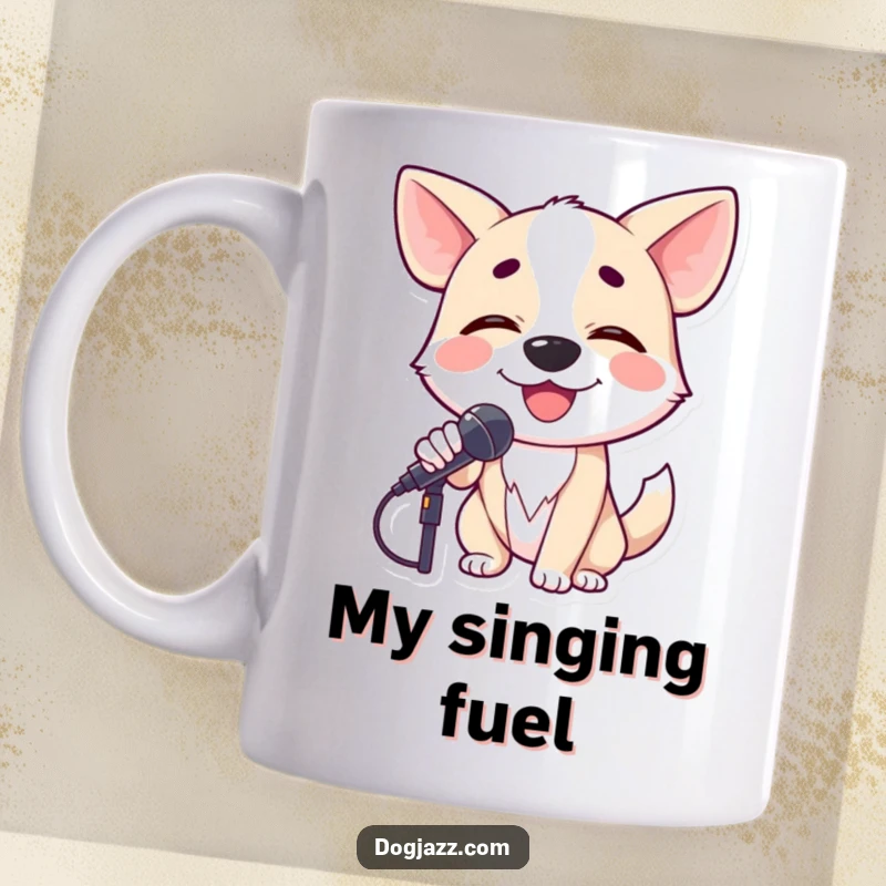 Funny dog crooning into a microphone with closed eyes, a passionate singer lost in the music on a mug.