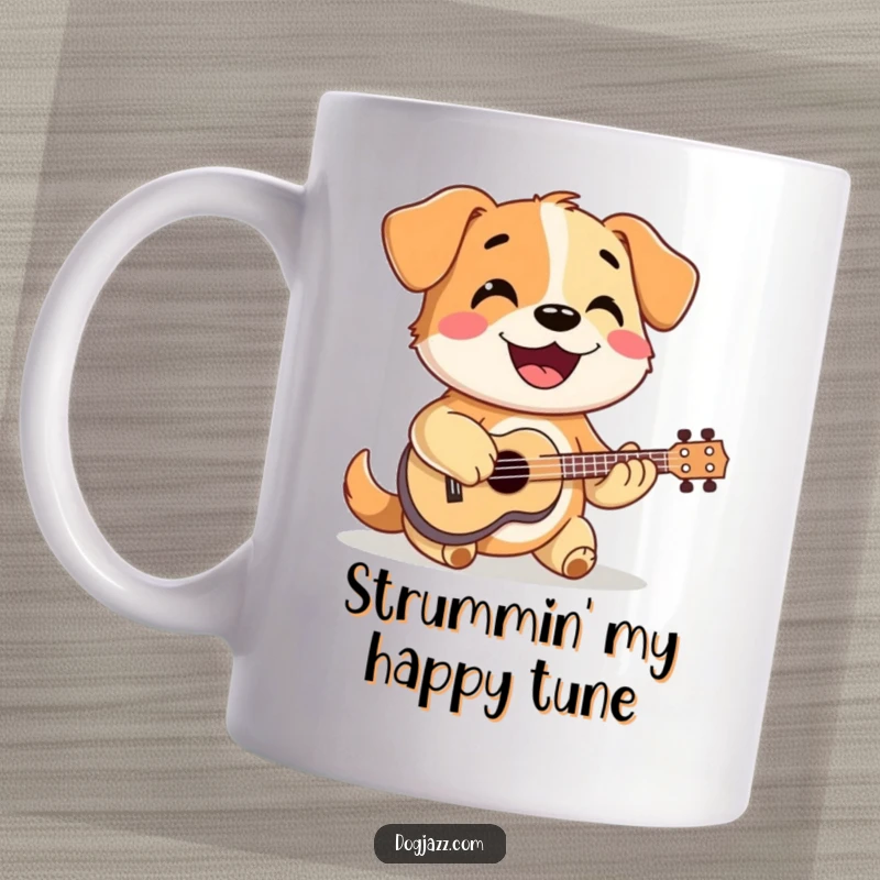 Funny happy dog enthusiastically strumming a tiny ukulele with a big smile, radiating pure joy on a mug.