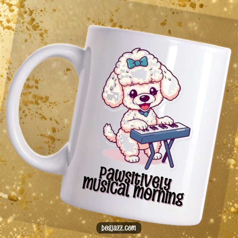 Funny mug with an energetic poodle character enthusiastically playing a keyboard, showcasing its passion for music with a lively expression.