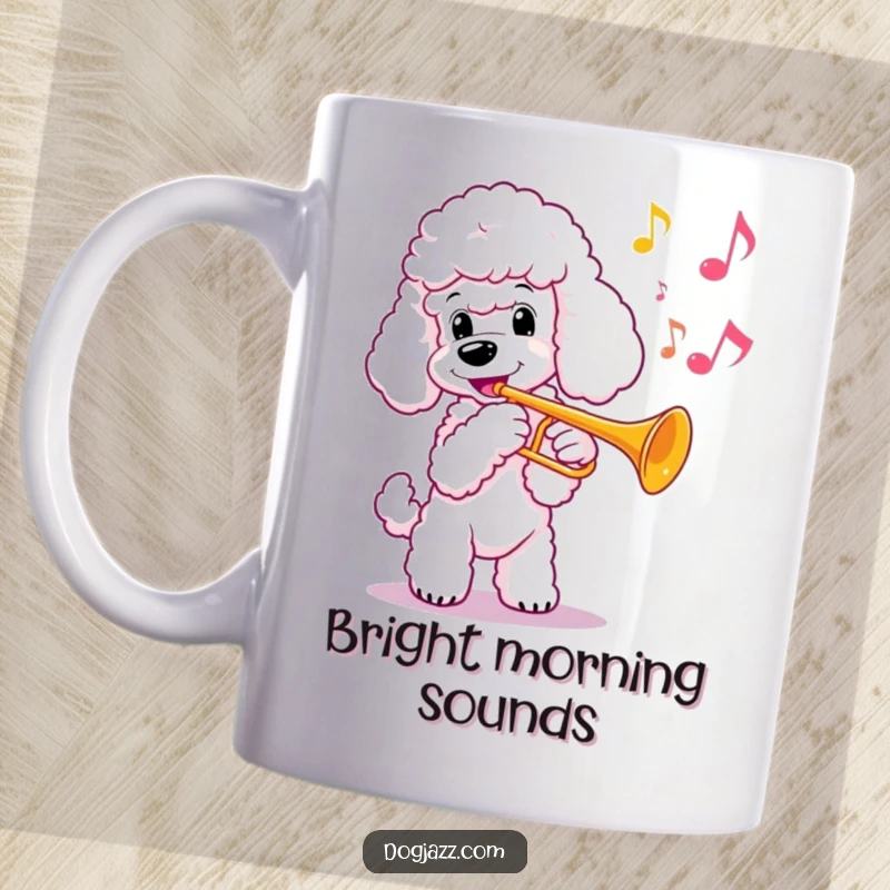 Funny poodle playing a trumpet with bright musical notes floating around, on a mug, a perfect funny gift.