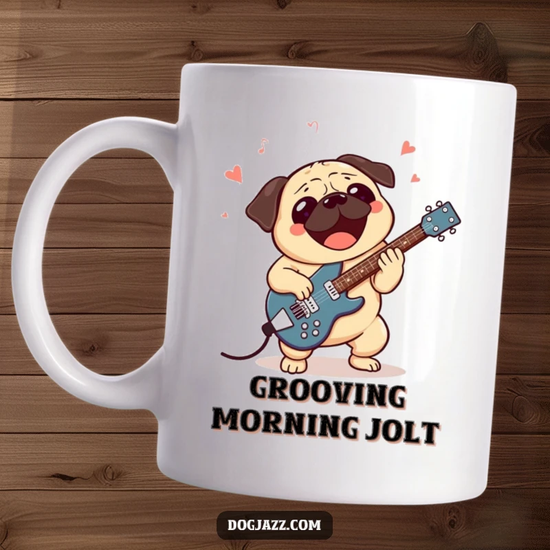 Funny mug shows an excited pug character enthusiastically playing a jazz guitar with musical notes floating around it.