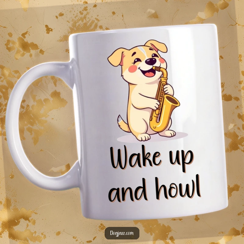 Funny Mug: A happy dog with crossed paws plays a tenor saxophone with delightful musical expression and canine cool.