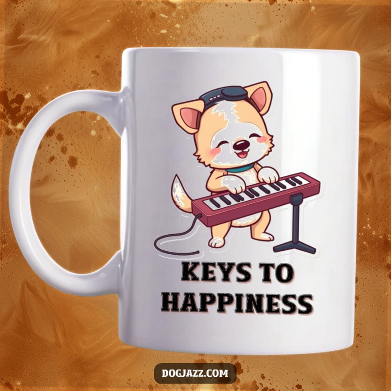 Funny terrier character jamming on a keyboard with a wagging tail, for a humorous mug.