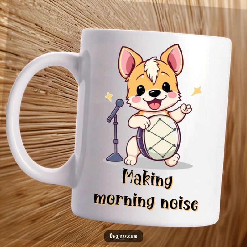 Funny Terrier Drummer Mug showing an excited terrier energetically tapping out a beat on a drum set, full of musical passion.
