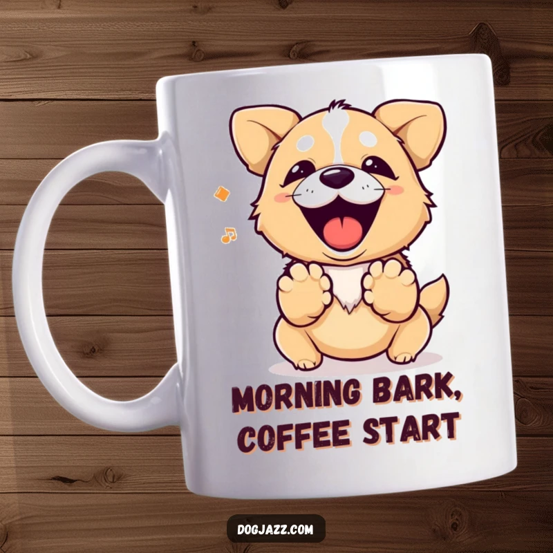 Funny dog happily barking a rhythm with its paws, looking ecstatic. A humorous mug for dog enthusiasts.