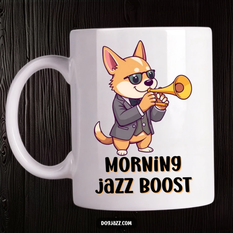 Funny dog mug with a dog in a sharp suit playing a cool jazz trumpet, exuding sophistication and musical talent.