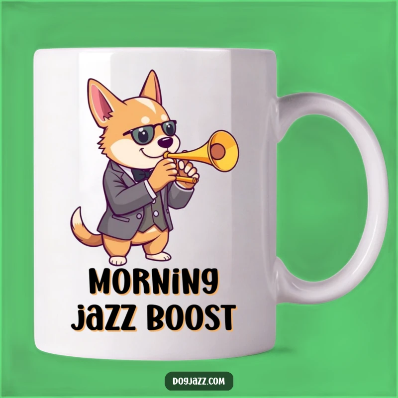 Funny Dog Trumpet Mug: Dapper Pup in Suit, a Perfect Funny Gift for Jazz Aficionados