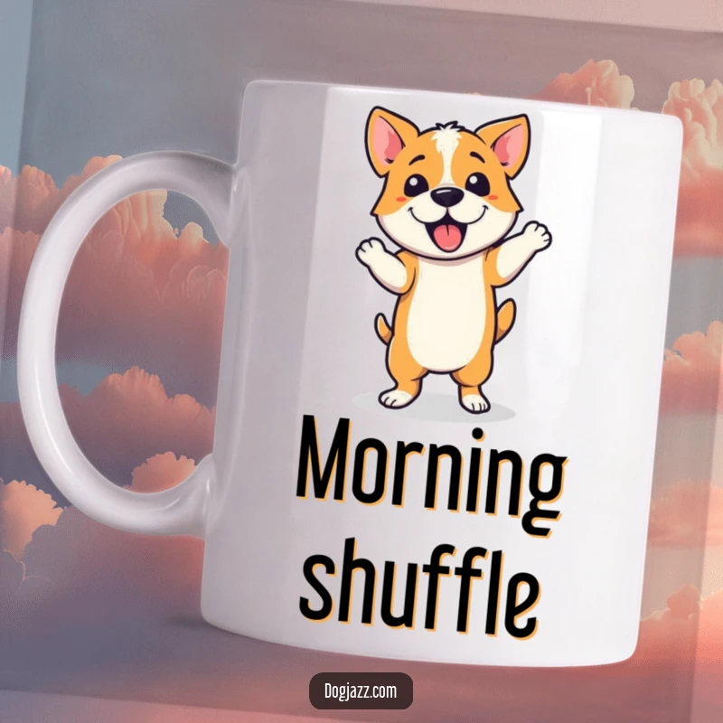 Funny Mug featuring a dog in mid-motion, performing a stylish jazzy dance step with flair and enthusiasm, radiating fun and rhythm.
